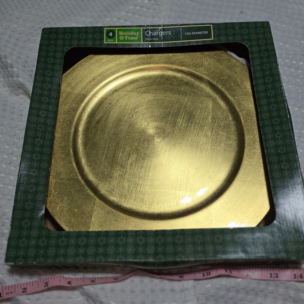 HOLIDAY TIME SET OF 4 GOLD CHARGER PLATE HOLDERS